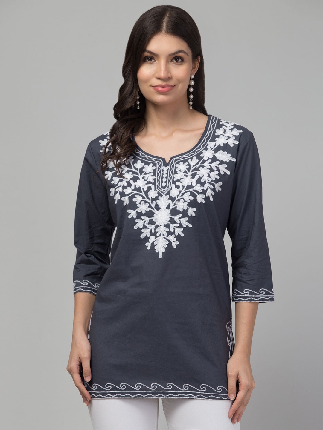 

FAMBEE Women Floral Embroidered Pure Cotton Kurti, Grey