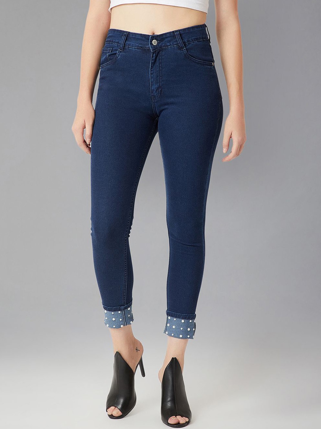 

DOLCE CRUDO Skinny Fit Pearl Embellished On The Hem Denim Stretchable Jeans, Navy blue