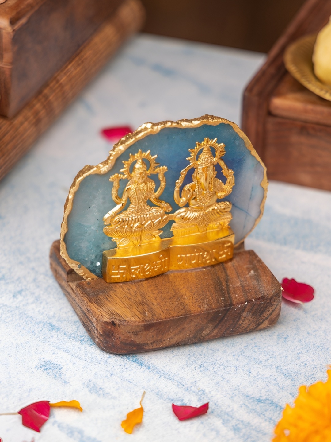 

HOMEARTE Laxmi Ganesha with Green Agate and Wooden Base Showpiece Tealight Holder, Turquoise blue