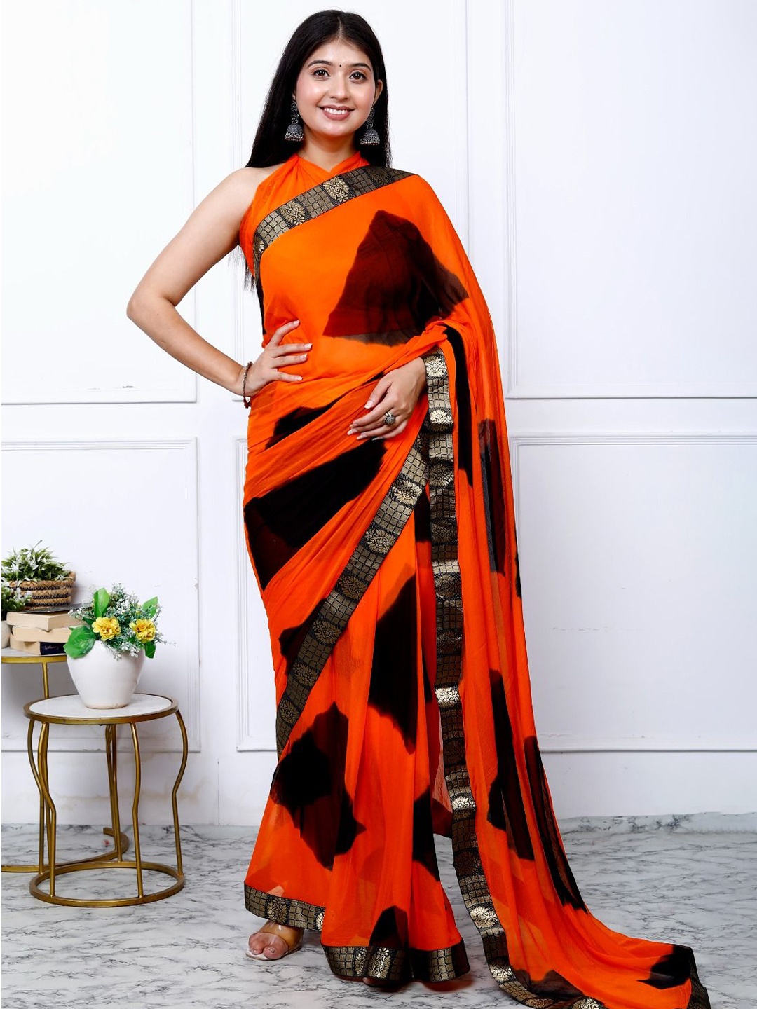 

VL SAREES Tie and Dye Pure Chiffon Leheriya Saree, Black