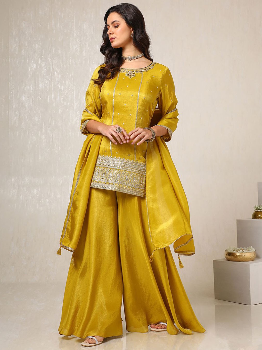 

Soch Ethnic Motifs Embroidered Sequinned Straight Kurti with Palazzos & With Dupatta, Mustard