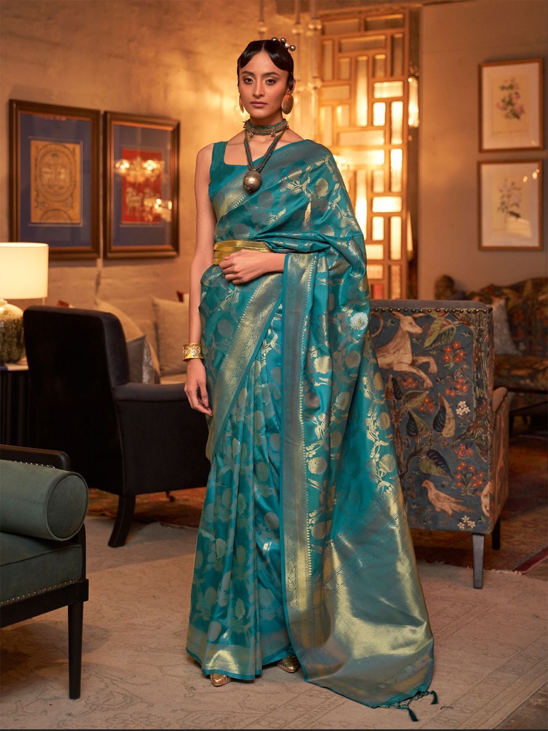 

ODETTE Ethnic Motifs Woven Design Zari Saree, Teal