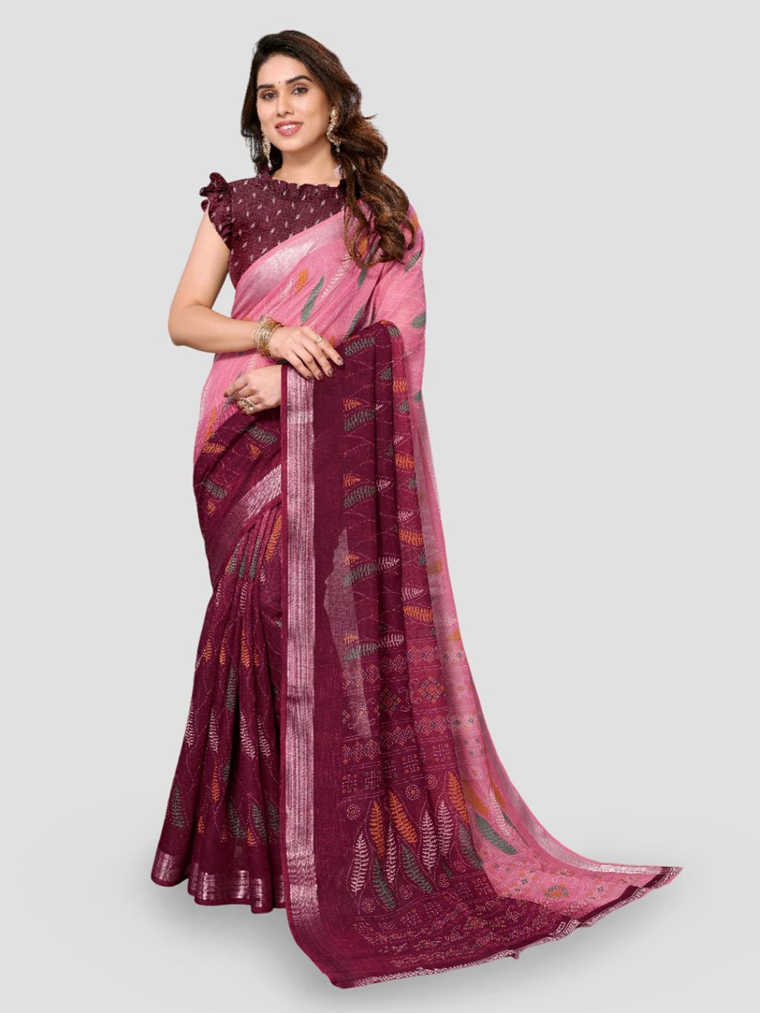 

saretramall Ethnic Motifs Printed Zari Maheshwari Saree, Maroon