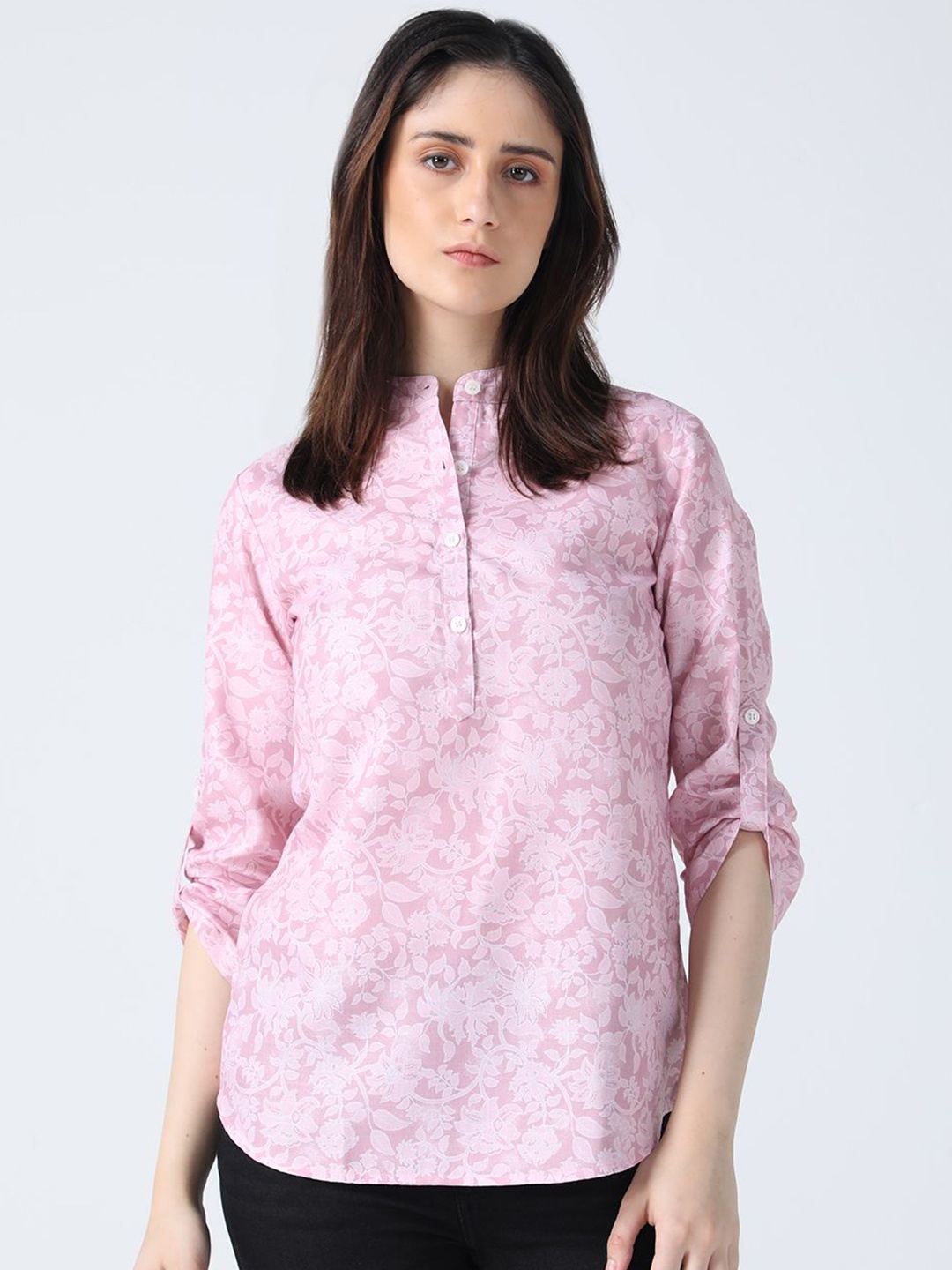 

IDK Women Floral Printed Mandarin Collar Top, Pink