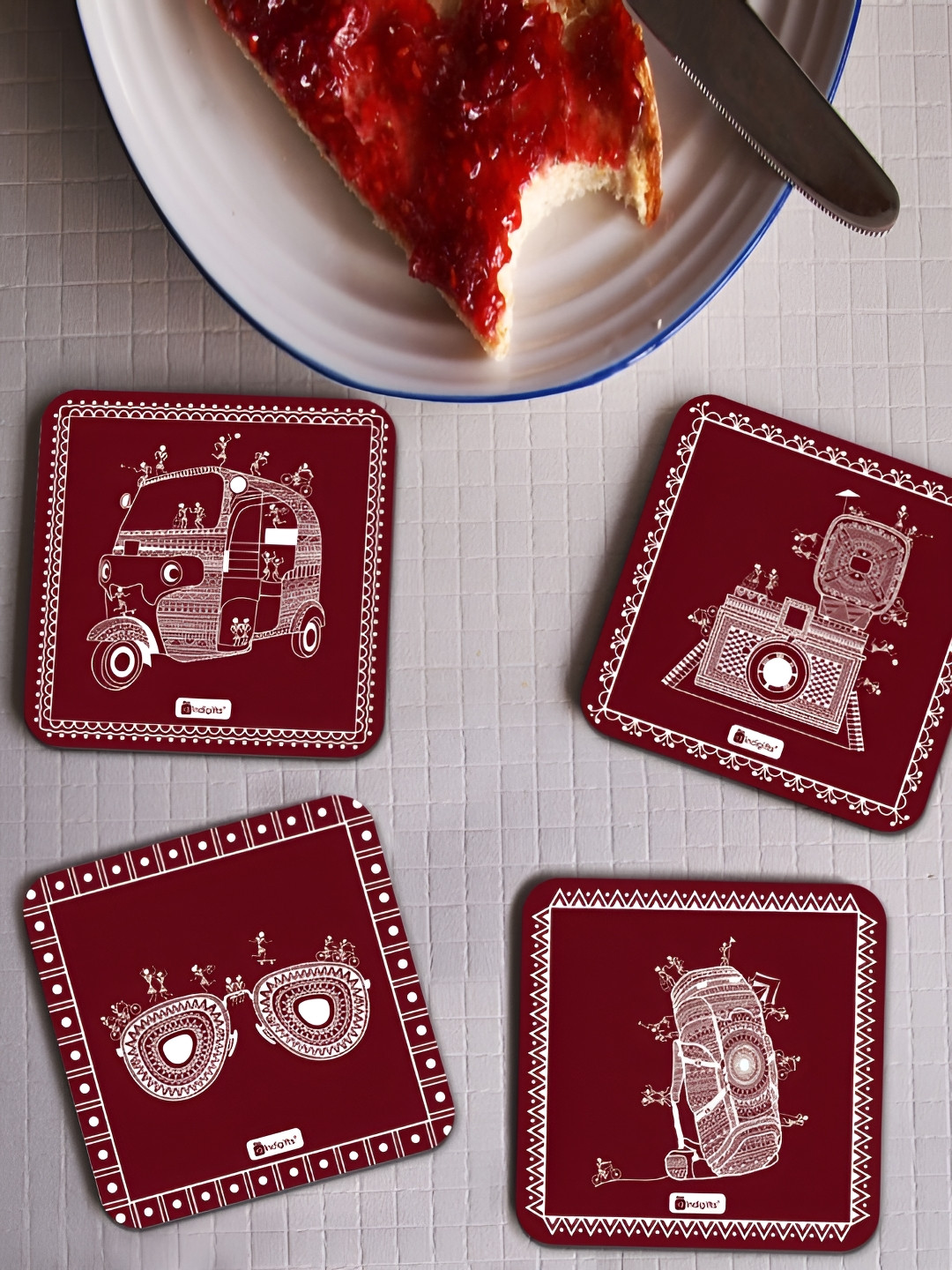 

Indigifts Maroon 6 Pieces Graphic Printed Square Coasters