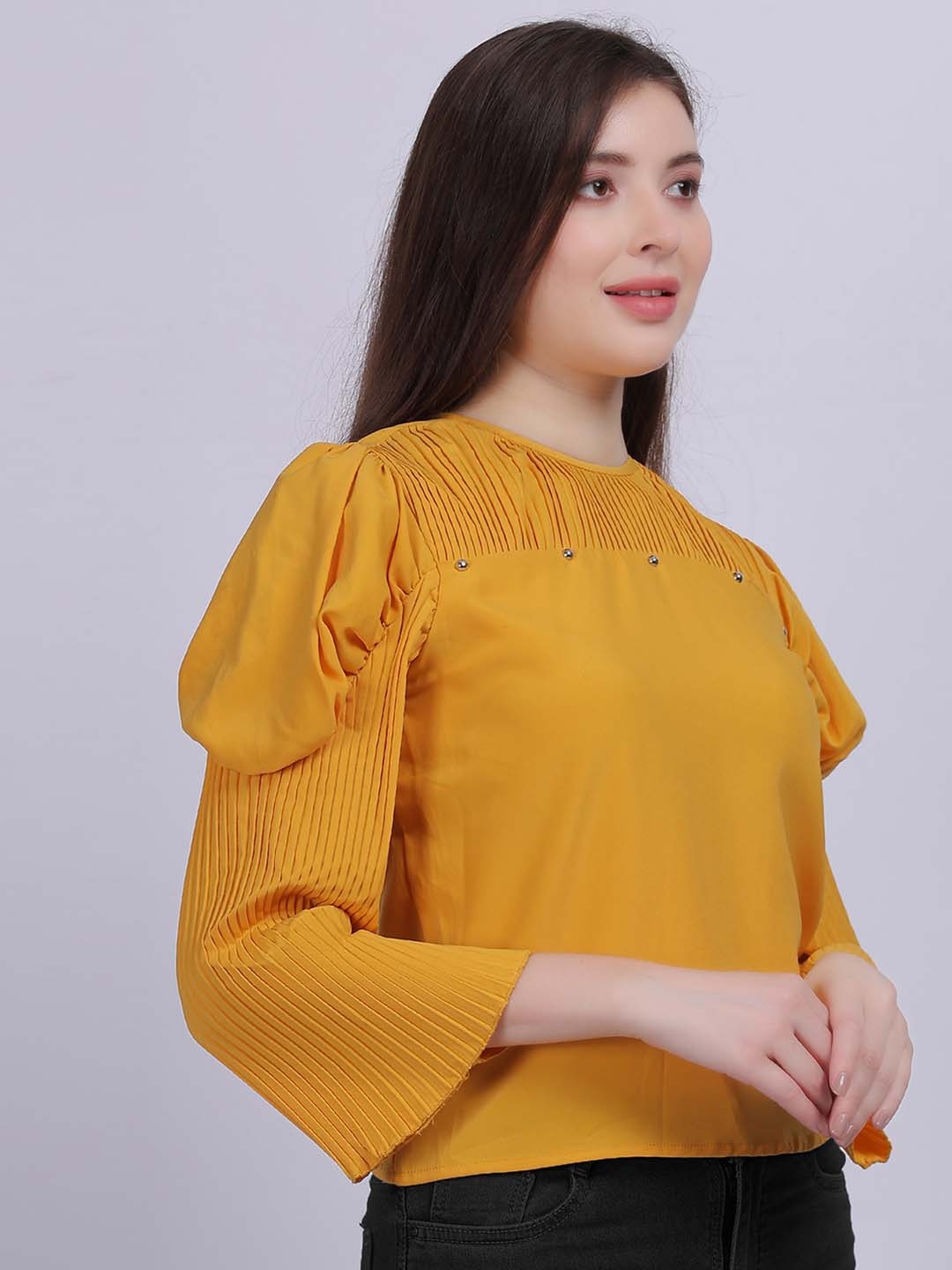 

Aumbe Women Solid Round Neck Top, Yellow