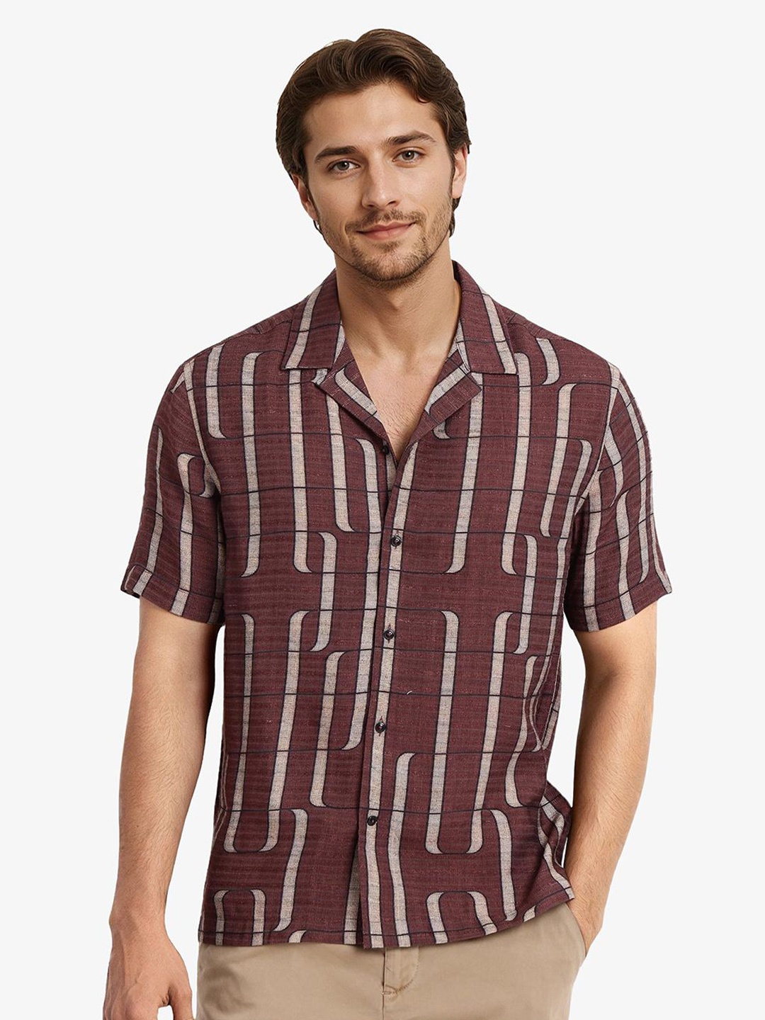 

RARE RABBIT Men Comfort Cuban Collar Abstract Printed Casual Shirt, Brown
