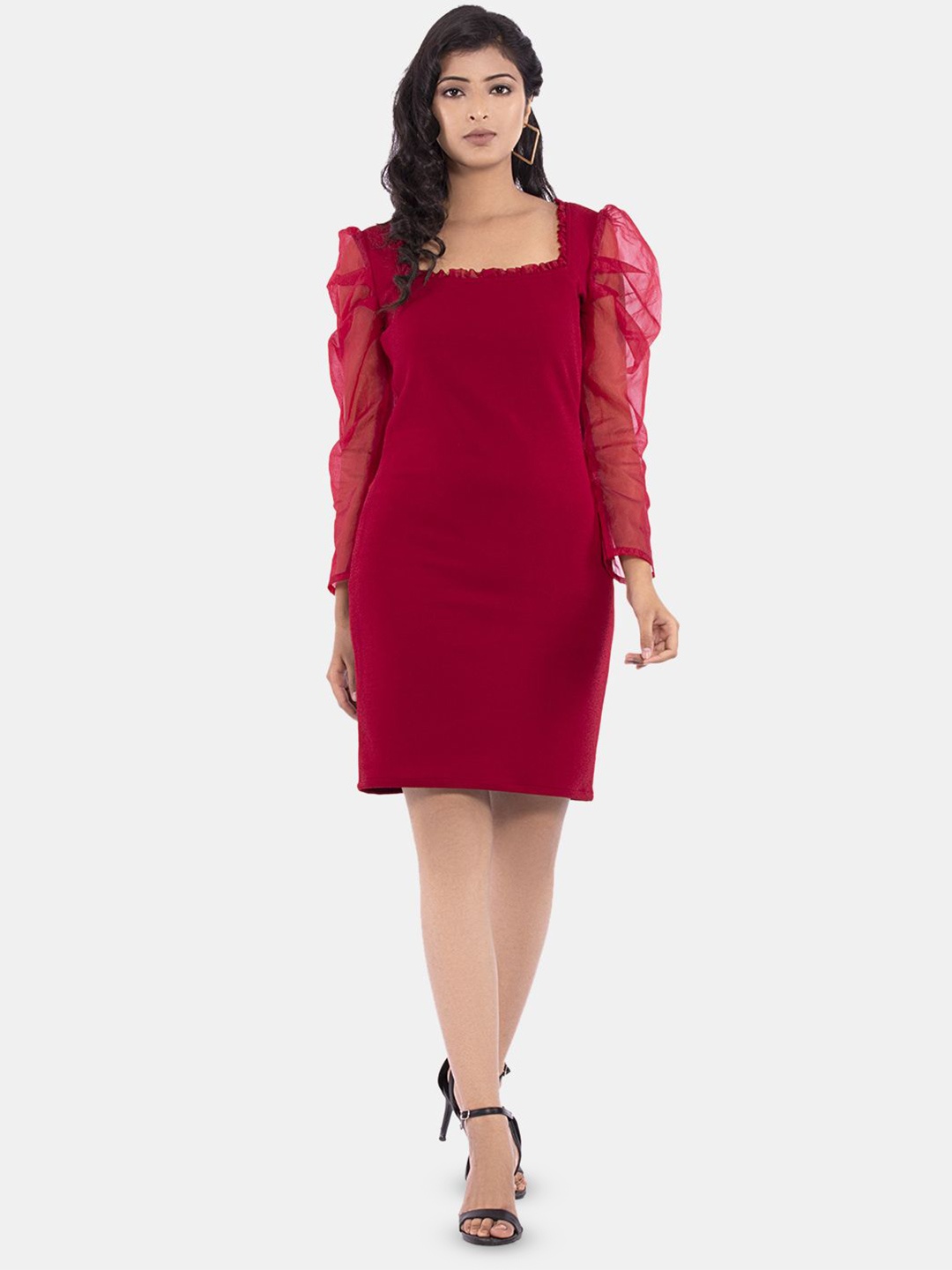

Golden Kite Women Solid Square Neck Puff Sleeve Sheath Dress, Maroon