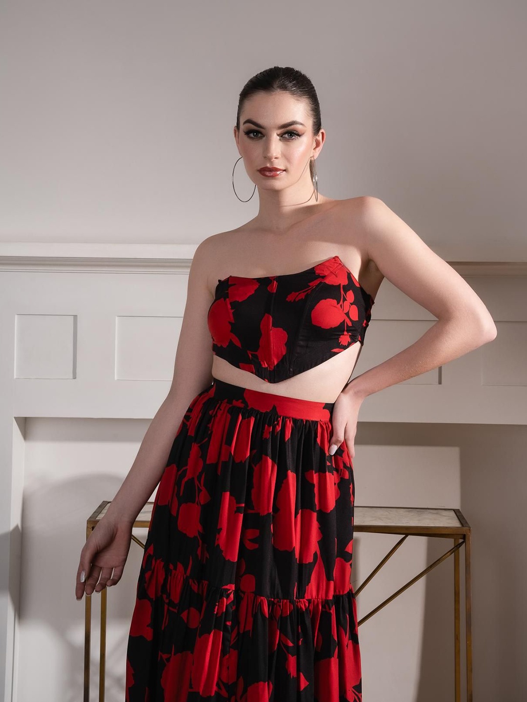 

Sacai Floral Printed Off-Shoulder Top With Skirt Co-Ords, Red