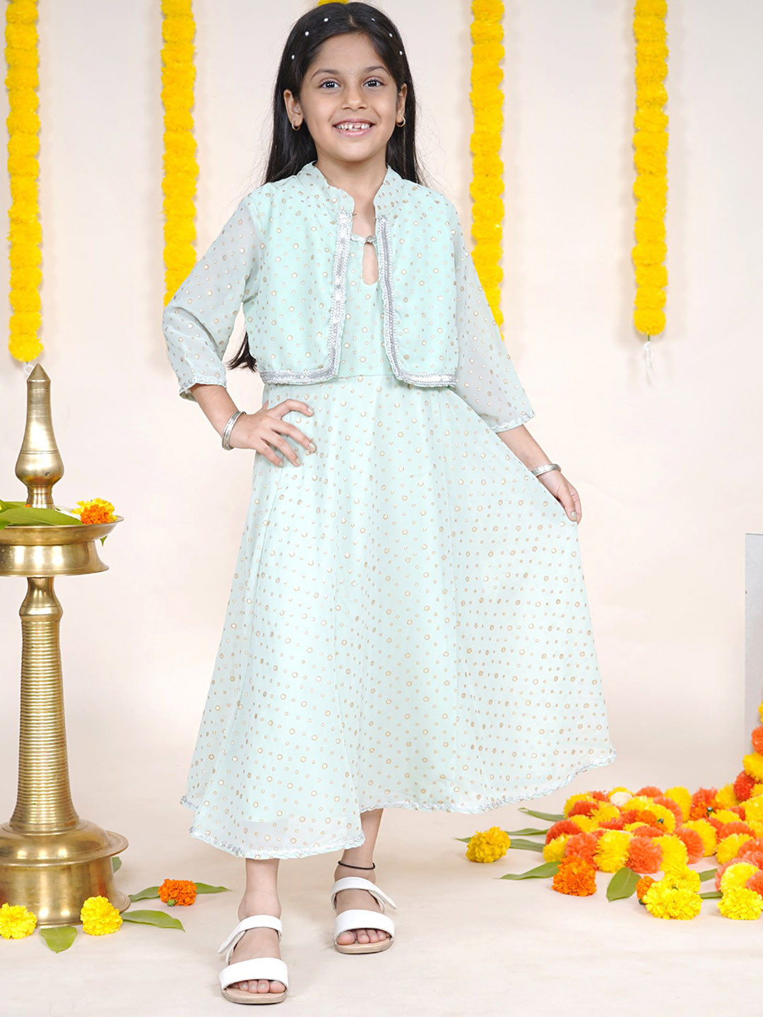 

KiddoPanti Girls Floral Printed Gotta Patti Anarkali Kurta With Attached Jacket, Green