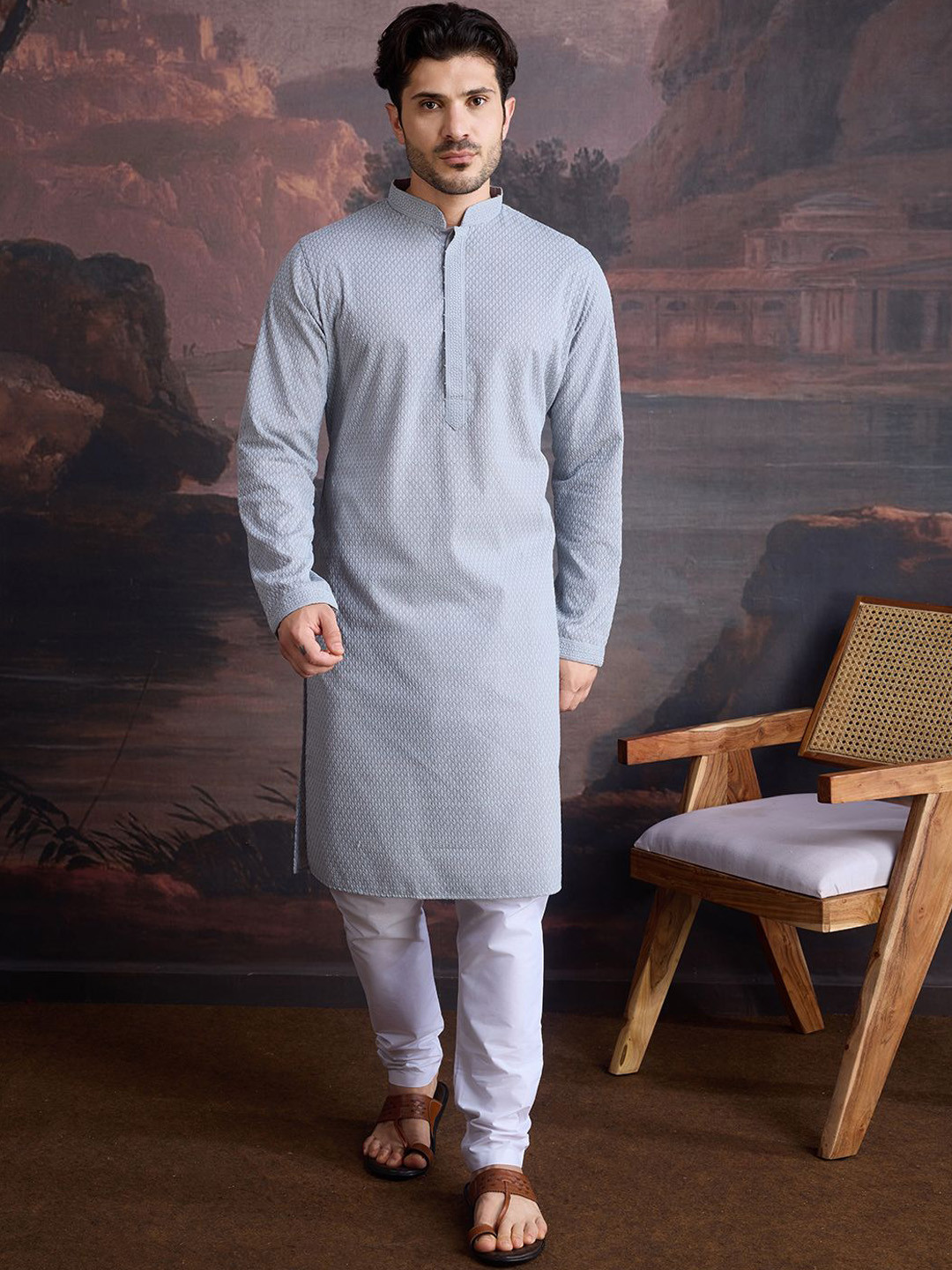 

House of Pataudi Floral Embroidered Straight Chikankari Cotton Kurta With Pyjamas, Grey