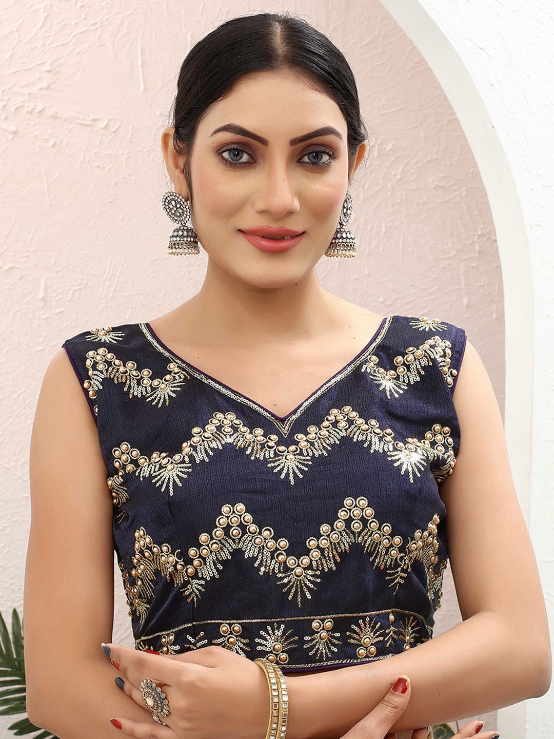 

Krimmple Embellished Saree Blouse, Navy blue