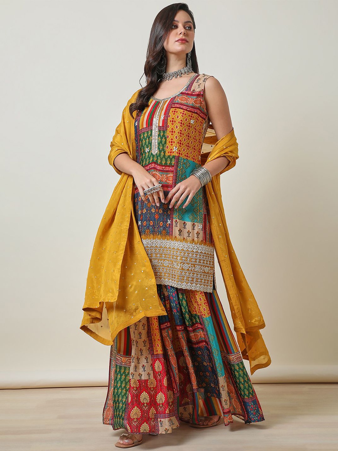 

Soch Mustard Yellow Ethnic Motifs Printed Zari Straight Kurta With Sharara & Dupatta