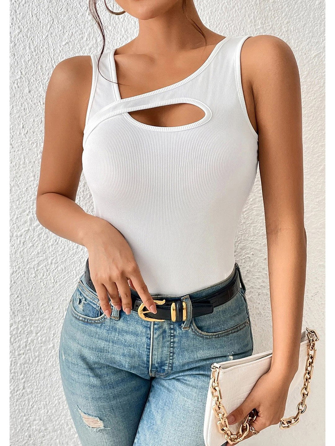 

LULU & SKY Women Solid Round Neck Cotton Top, White