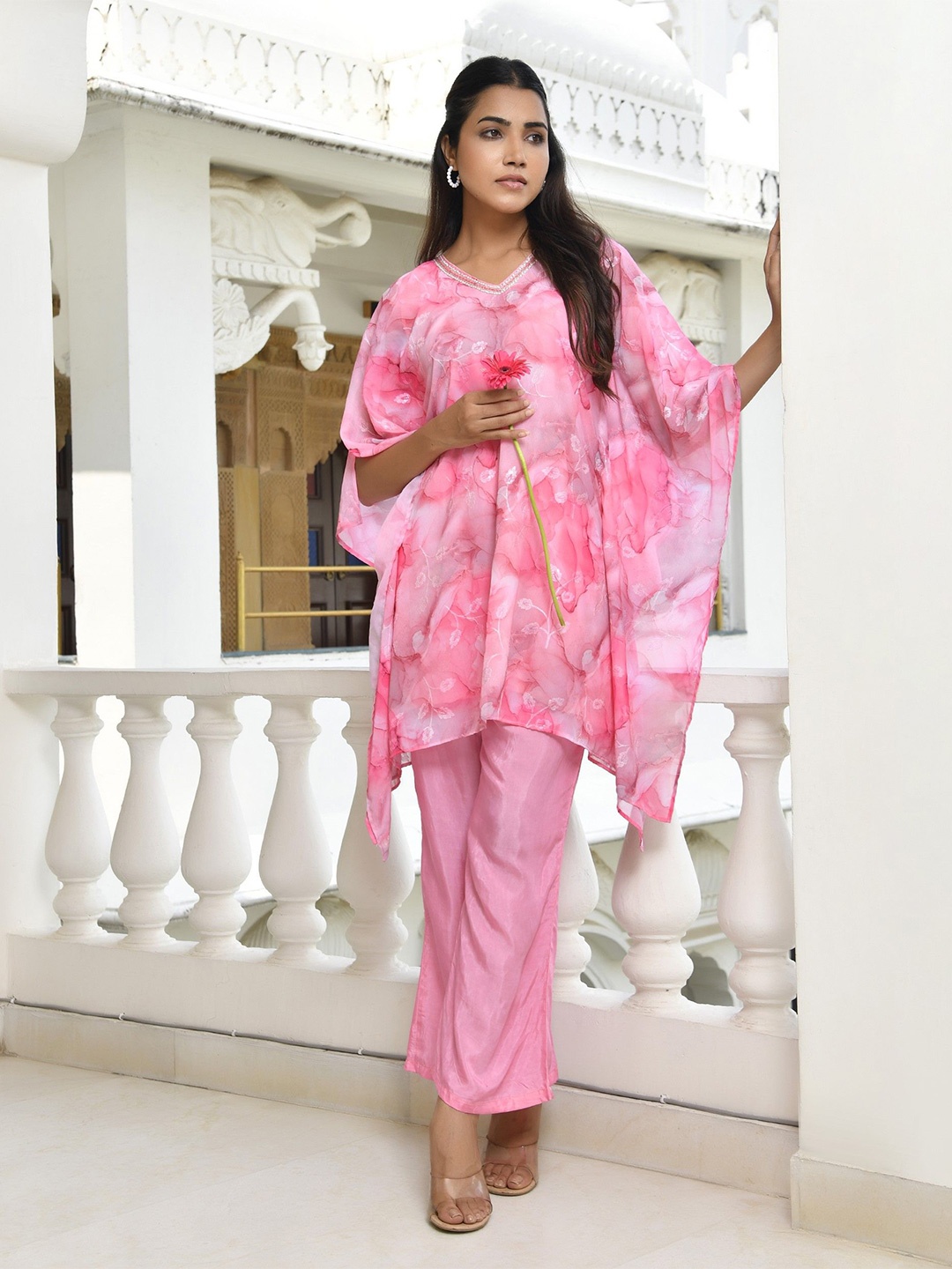 

VAASVA JAIPUR Women Marble Printed Kaftan Top With Trousers Co-Ords, Pink