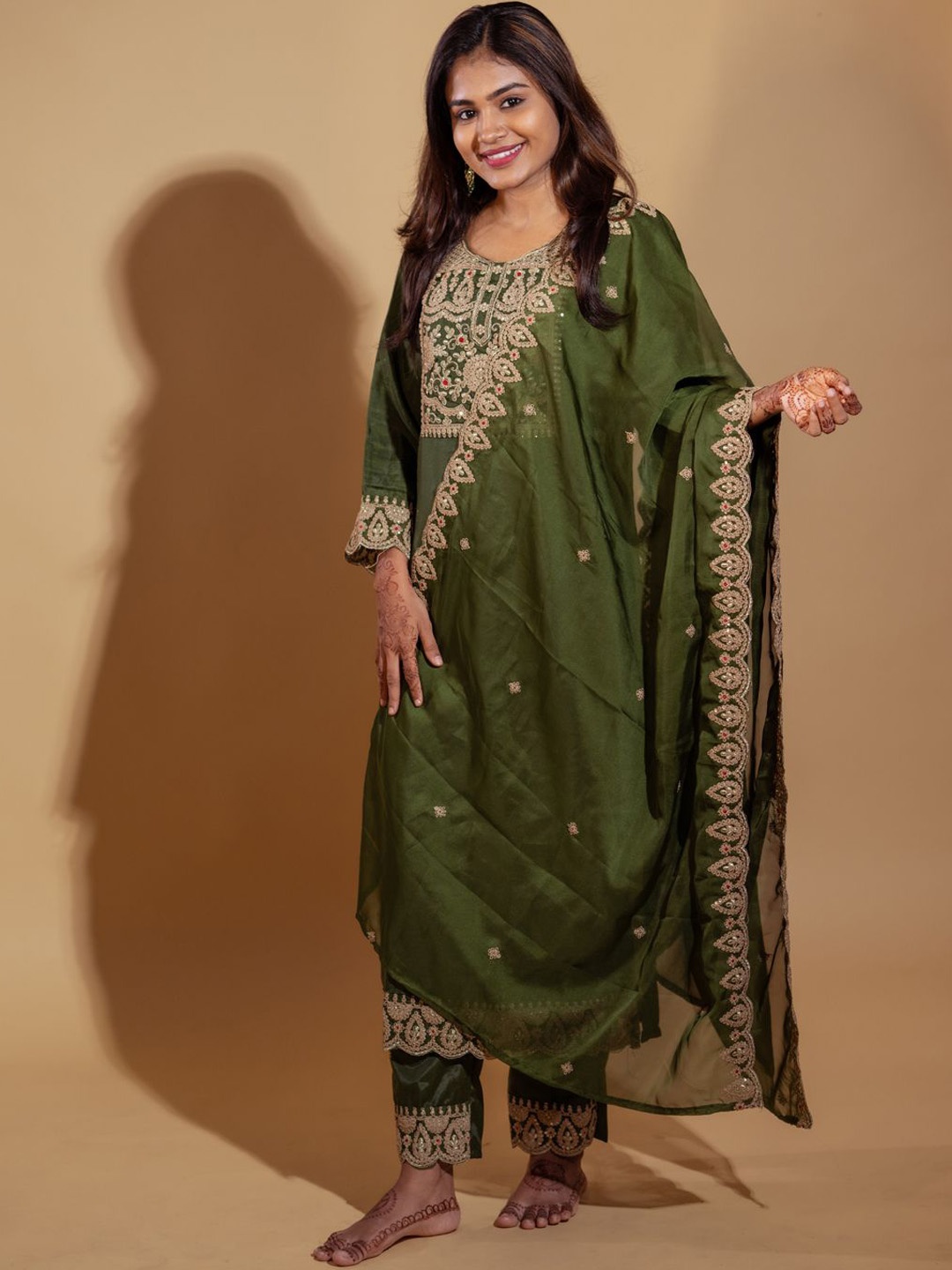 

VredeVogel Ethnic Motifs Zari Embroidered Round Neck Kurta with Trouser & Dupatta, Olive