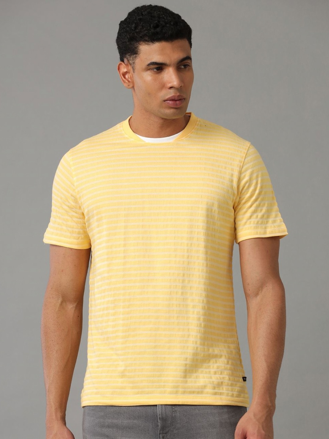 

Voi Jeans Men Striped Round Neck Cotton T-shirt, Yellow