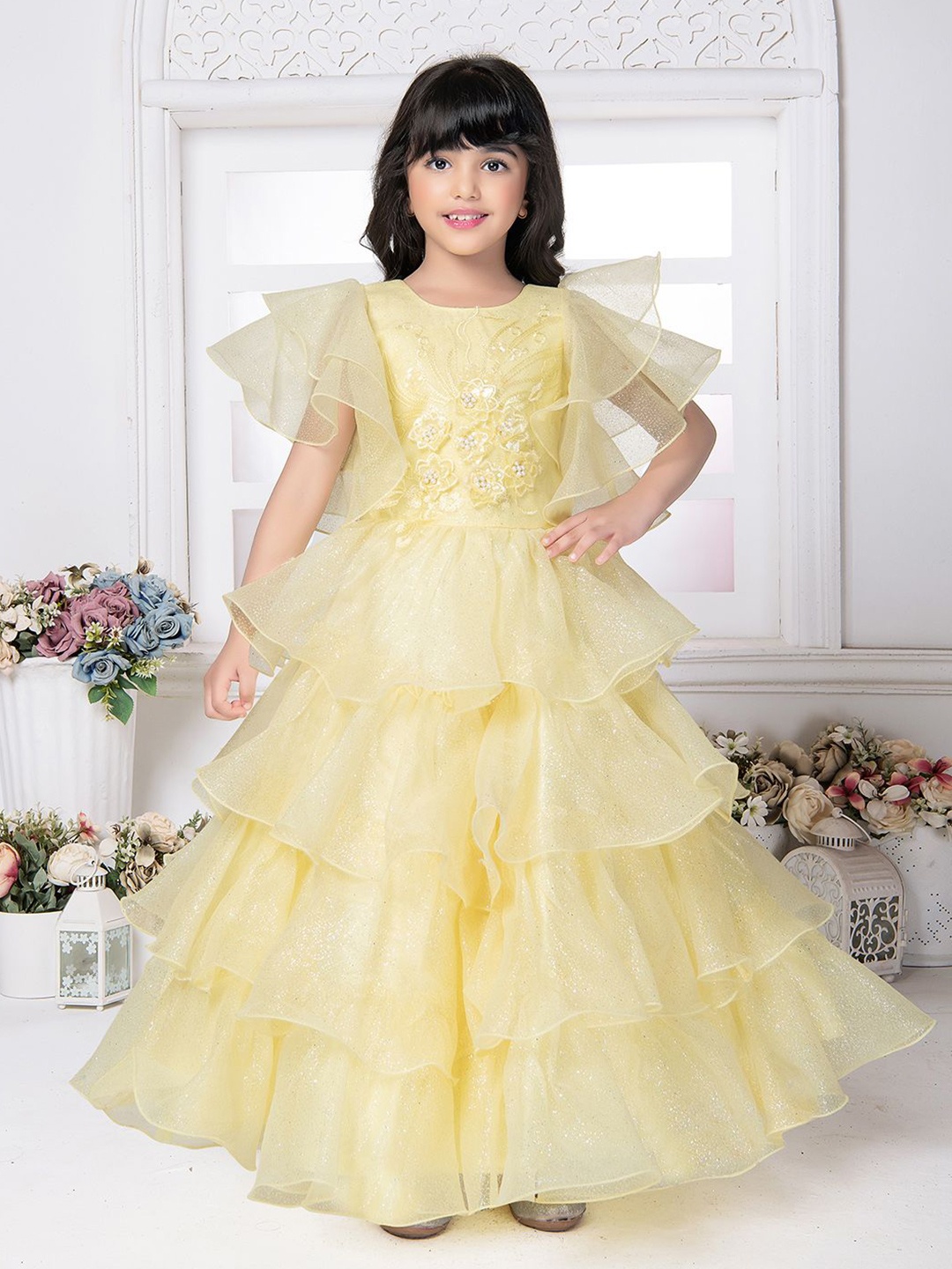 

Tiny Kingdom Girls Embellished Flutter Sleeve Net Fit & Flare Maxi Dress, Yellow