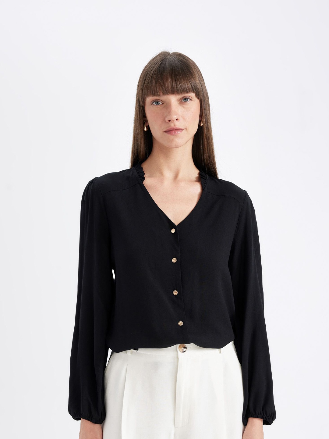 

DeFacto Women Mandarin Collar Solid Oversized Casual Shirt, Black