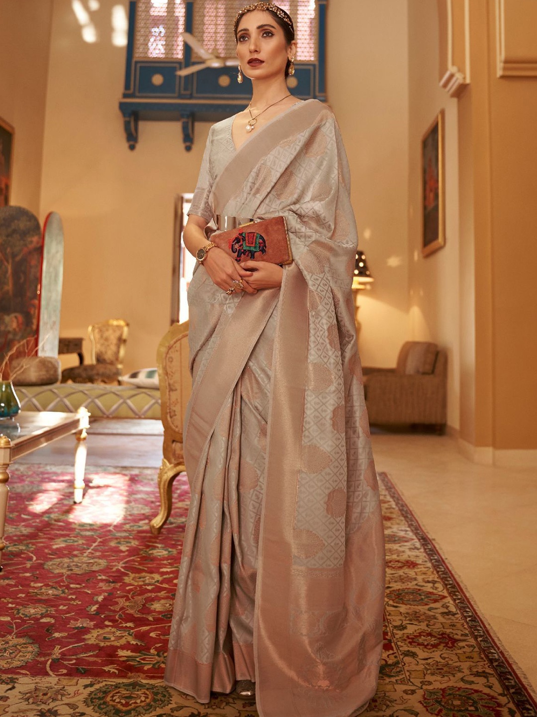 

ODETTE Woven Design Zari Saree, Grey