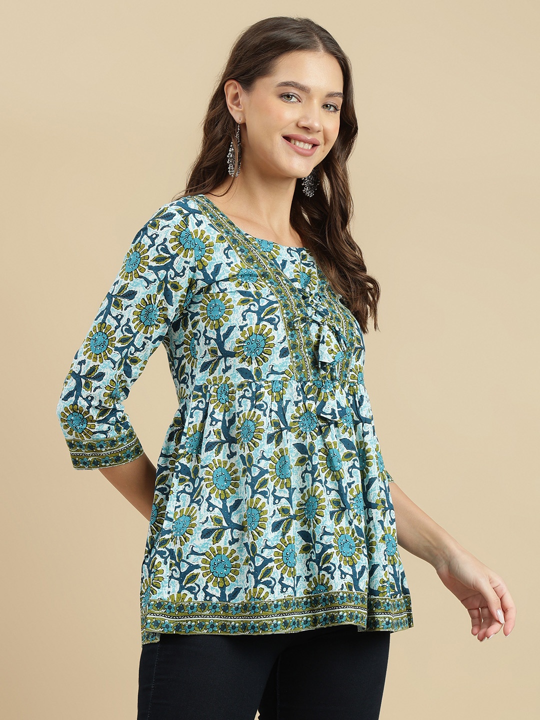 

JANAKDULARI CREATION Women Floral Printed Round Neck Cotton Top, Blue