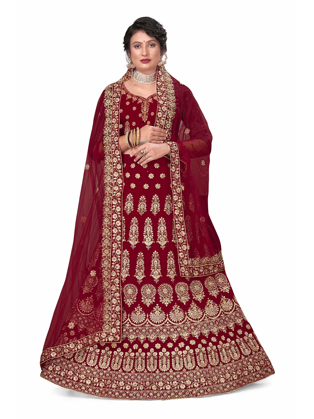 

Maroosh Embellished Thread Work Unstitched Lehenga & Blouse With Dupatta, Maroon