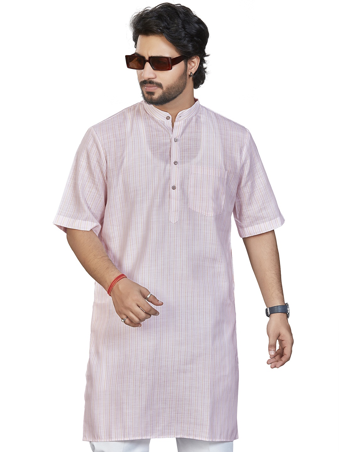 

Authentics Striped Mandarin Collar Straight Kurta, White