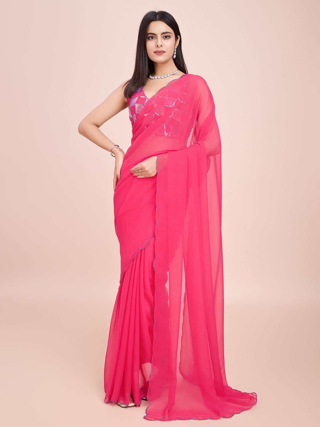 

STYLEELITE Solid Sequence Saree, Pink