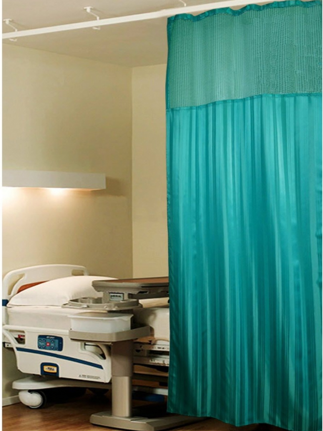 

Lushomes Green Striped Woven Design Clinic Curtain With Hooks