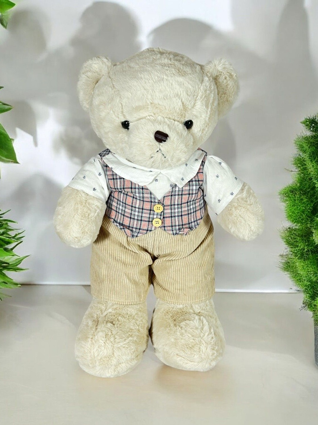 

LITTLE GINNIE Cotton Filled Non-Allergic Teddy with check boy dress Soft Toy and Dolls, Off white