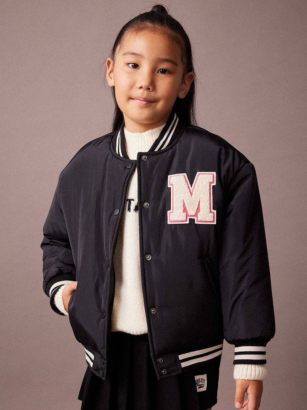 

DeFacto Girls Crop Varsity Jacket with Patchwork, Na