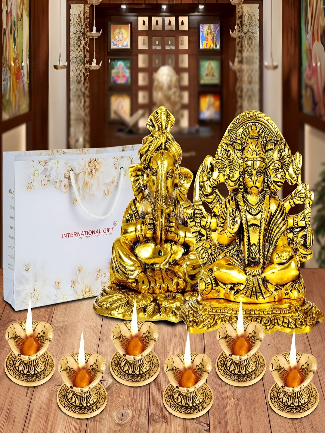

INTERNATIONAL GIFT Gold-Toned 10 Pieces Religious Idol Showpiece With Diyas & Box