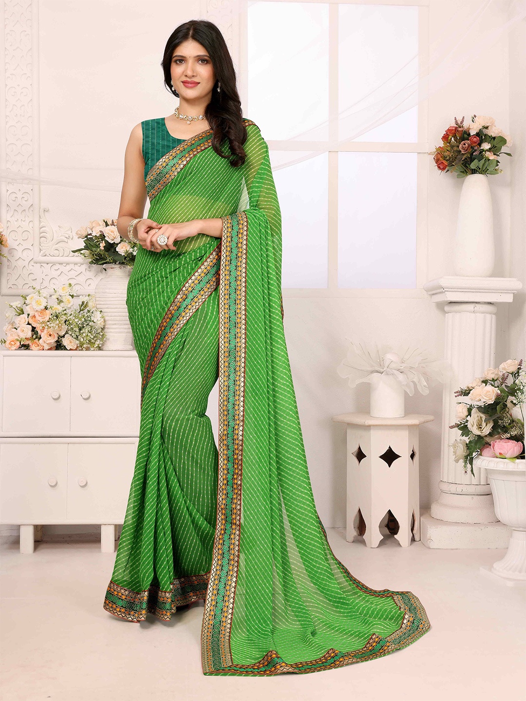 

sareyavella Leheriya Zari Pure Georgette Leheriya Saree, Green