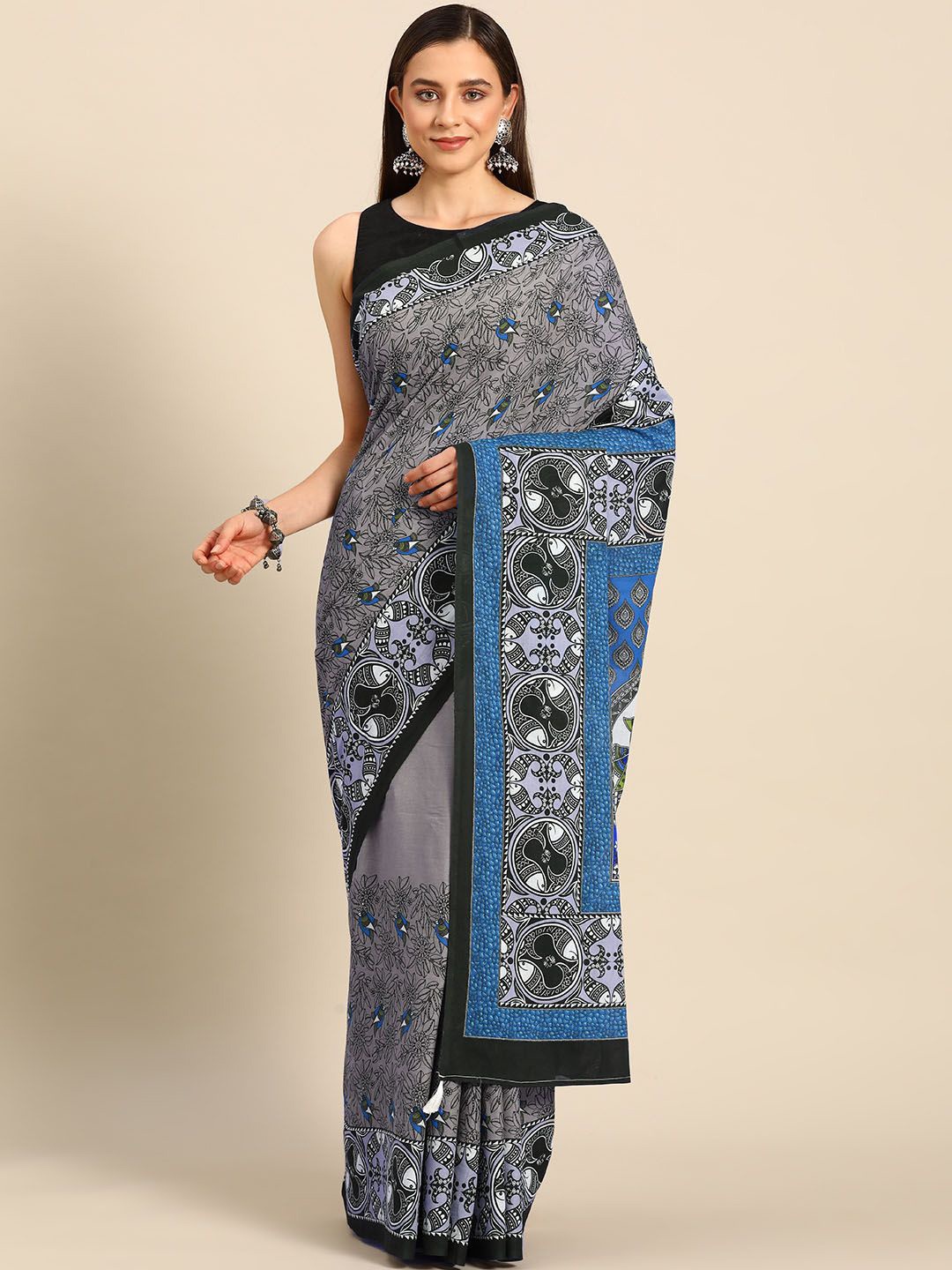 

BUTA BUTI Floral Printed Pure Cotton Saree, Grey