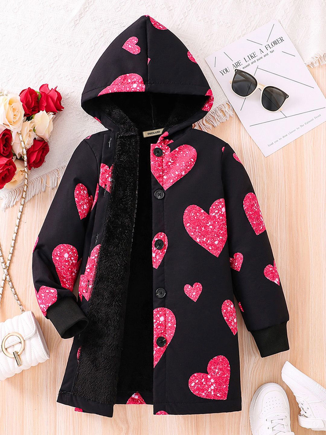 

INCLUD Girls Conversational Printed Longline Open Front Jacket, Black