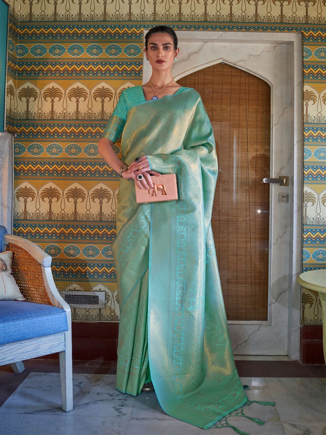 

ODETTE Woven Design Zari Saree, Sea green