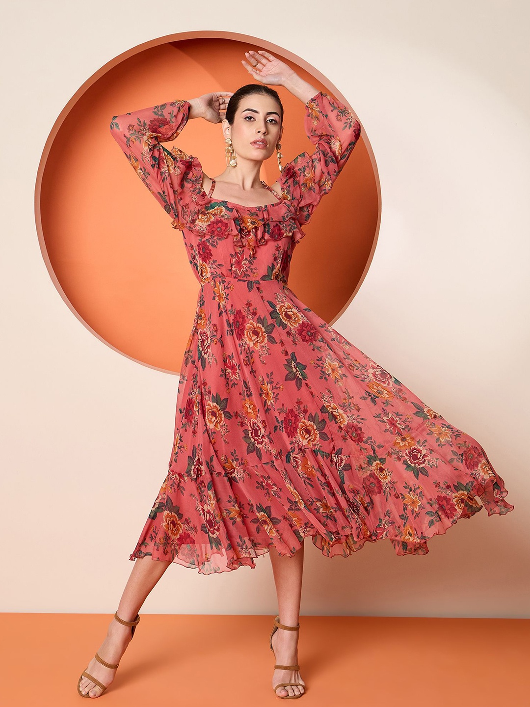 

Antheaa Women Shoulder Embellished Straps Puff Sleeves Floral Print Fit & Flare Midi Dress, Peach