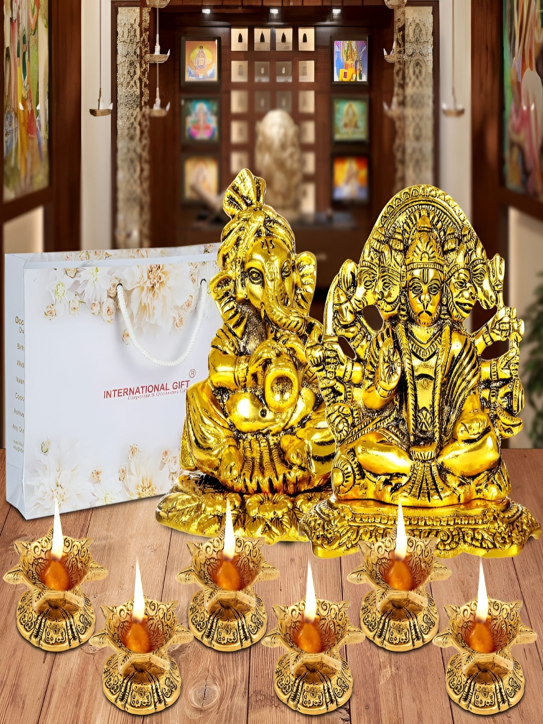 

INTERNATIONAL GIFT Gold-Toned 10 Pieces Religious Idol Showpiece With Diyas & Box