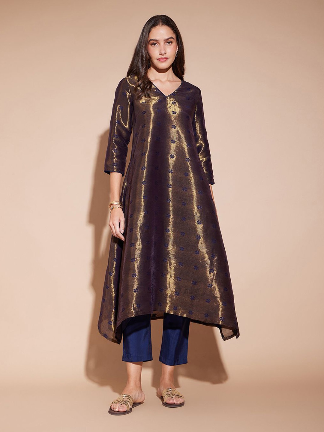 

Pink Fort Floral Woven Design Zari Jacquard Asymmetrical A-Line Kurta, Gold