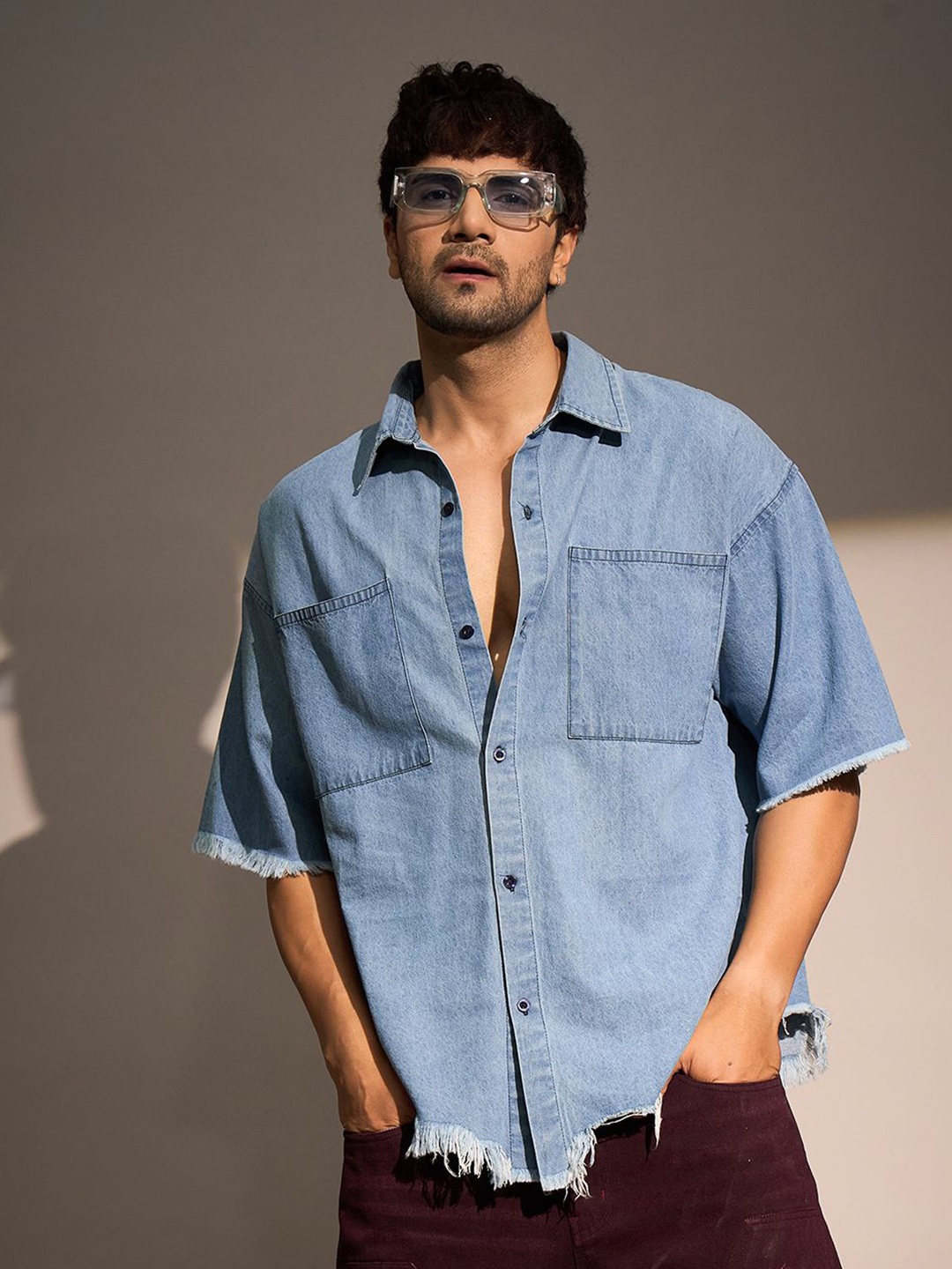

FUGAZEE Men Spread Collar Solid Cotton Oversized Casual Shirt, Blue