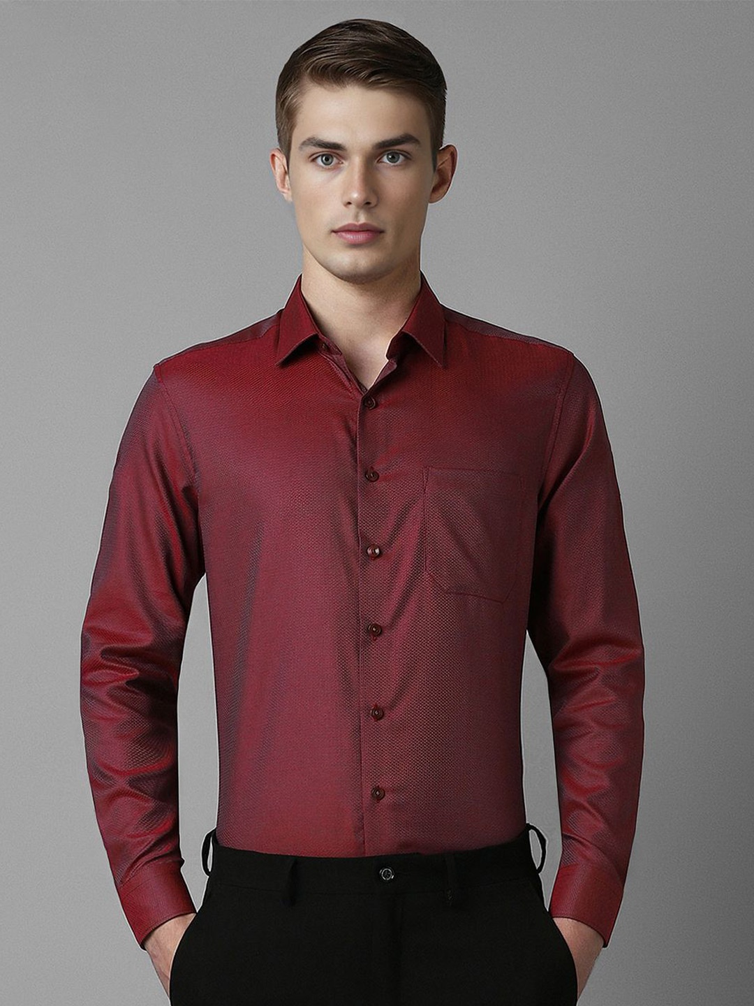 

Louis Philippe Men Spread Collar Textured Printed Cotton Slim Fit Formal Shirt, Maroon