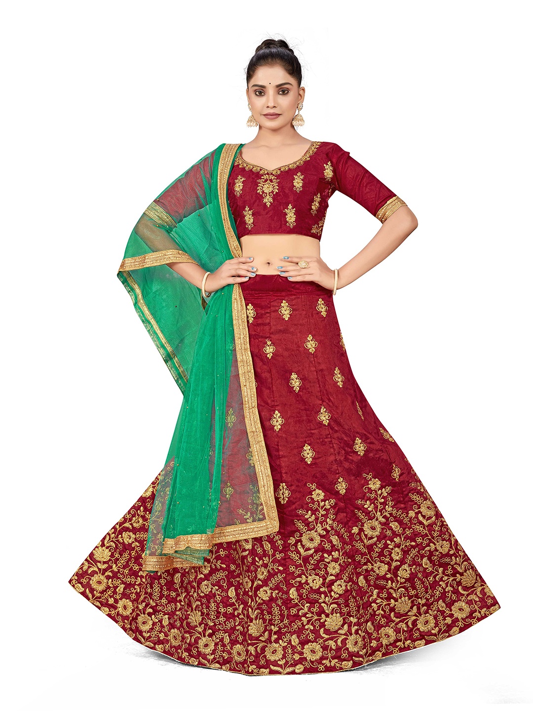 

Maroosh Embellished Thread Work Unstitched Lehenga & Blouse With Dupatta, Maroon