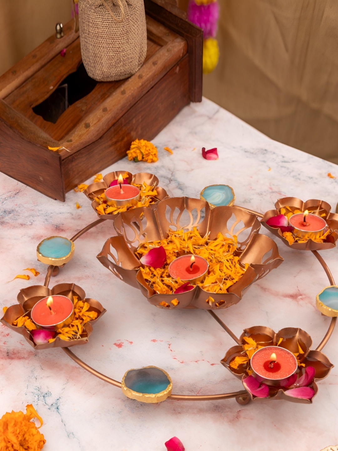 

HOMEARTE Yellow & Turquoise Blue Lotus Design Metal Decorative Bowls