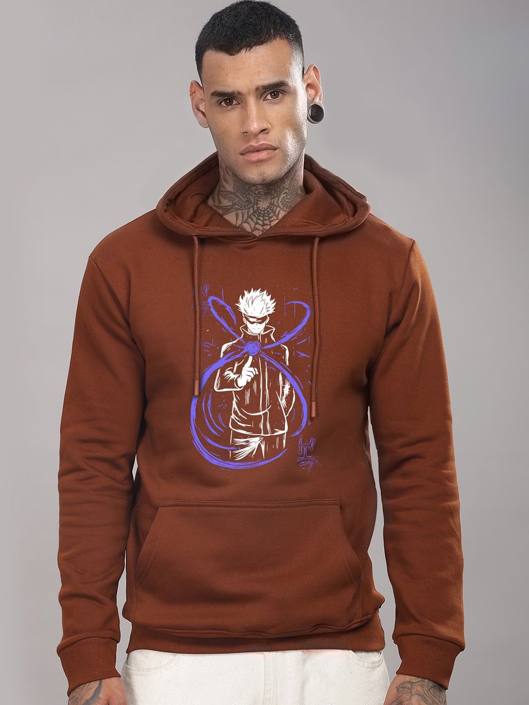 

ADRO Men Printed Hooded Pure Cotton Sweatshirt, Brown