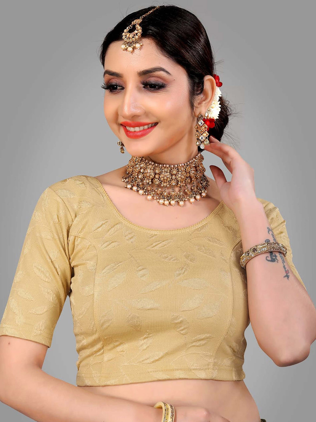 

Krimmple Women Round Neck Saree Blouse, Beige