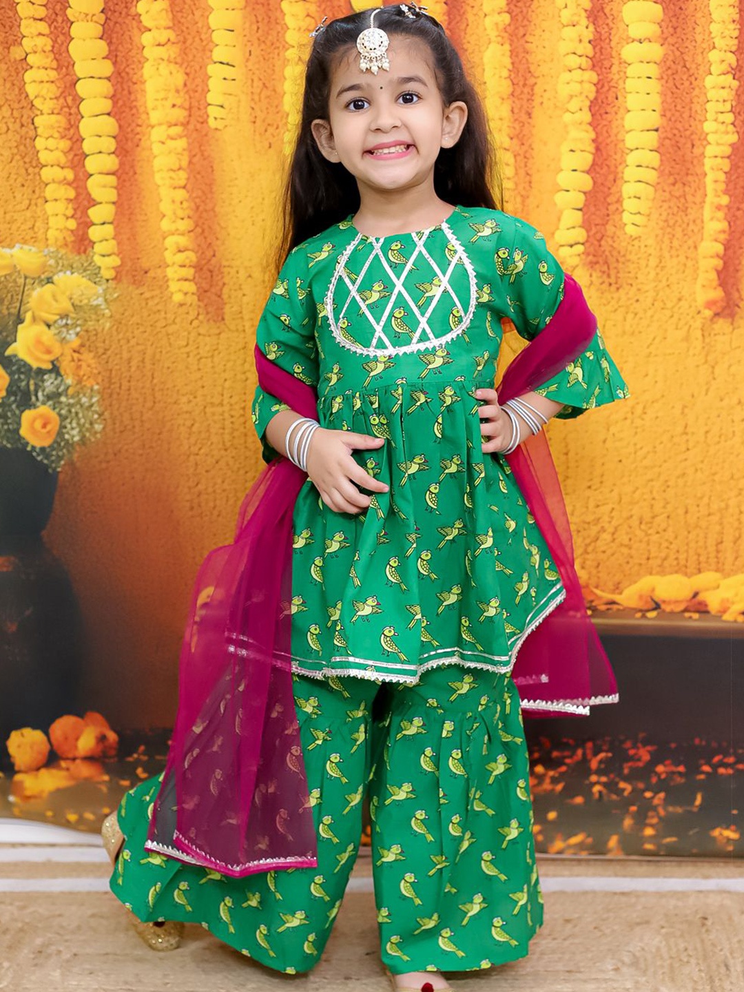 

BownBee Girls Bird Printed Pure Cotton Anarkali Kurta & Sharara With Dupatta, Green