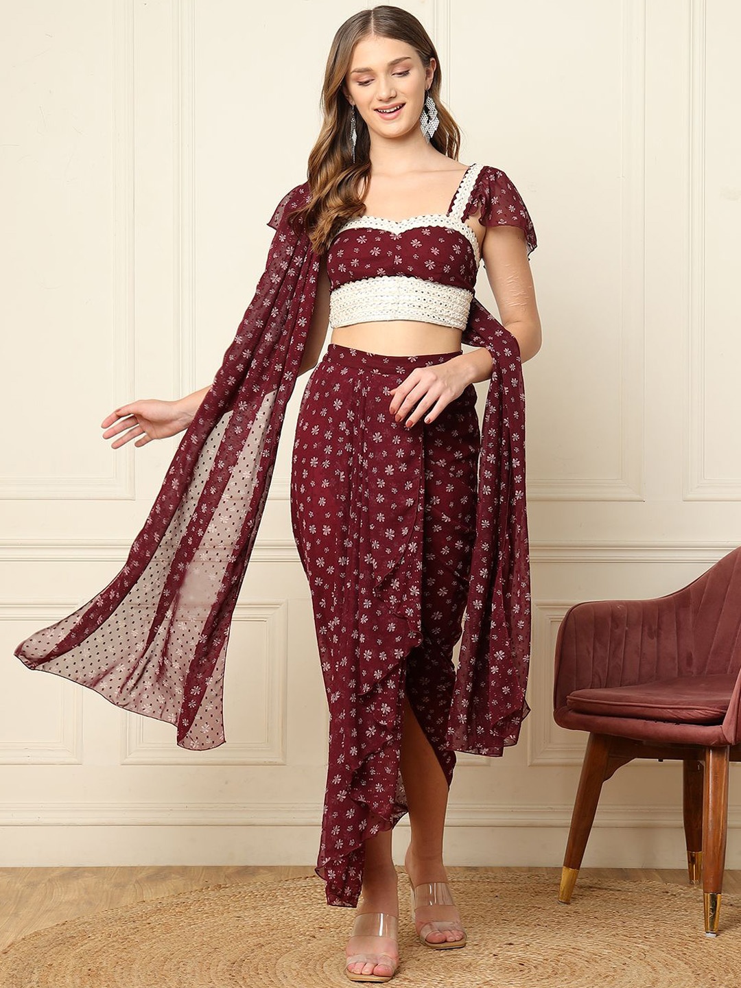 

DEEBACO Floral Printed Georgette Top With Dhoti Pants & Dupatta, Maroon