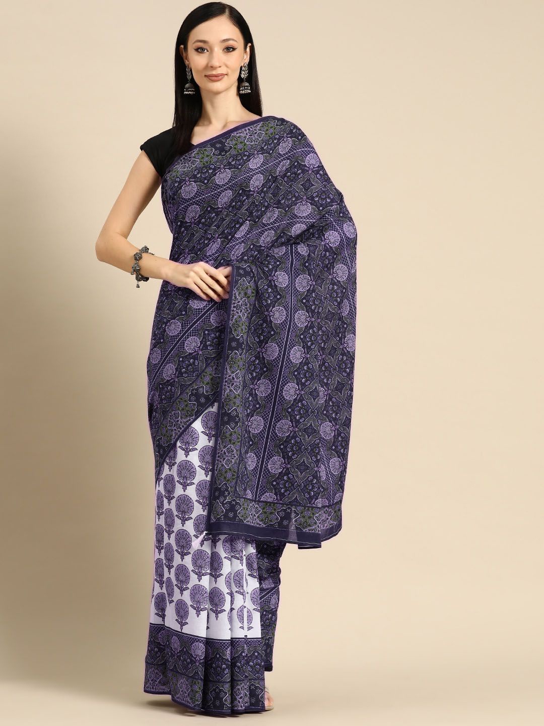 

BUTA BUTI Floral Pure Cotton Saree, Purple