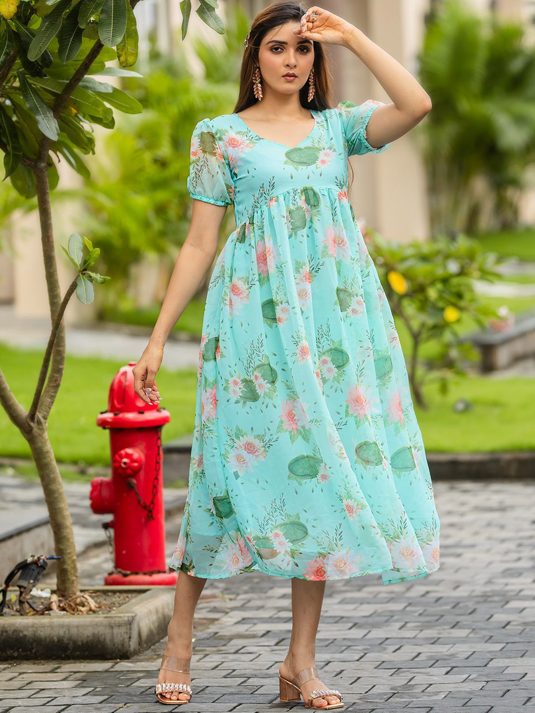 

Ekta Textiles Floral Printed Puff Sleeves Georgette Midi Ethnic Dresses, Turquoise blue