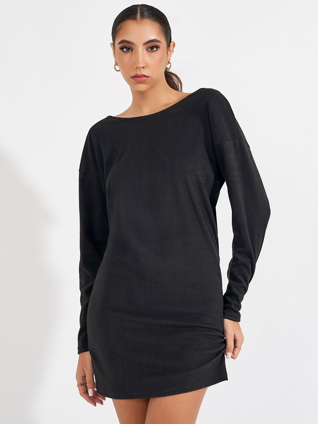 

Styli Lace Trim Open Back Sweater Mini Dress, Black